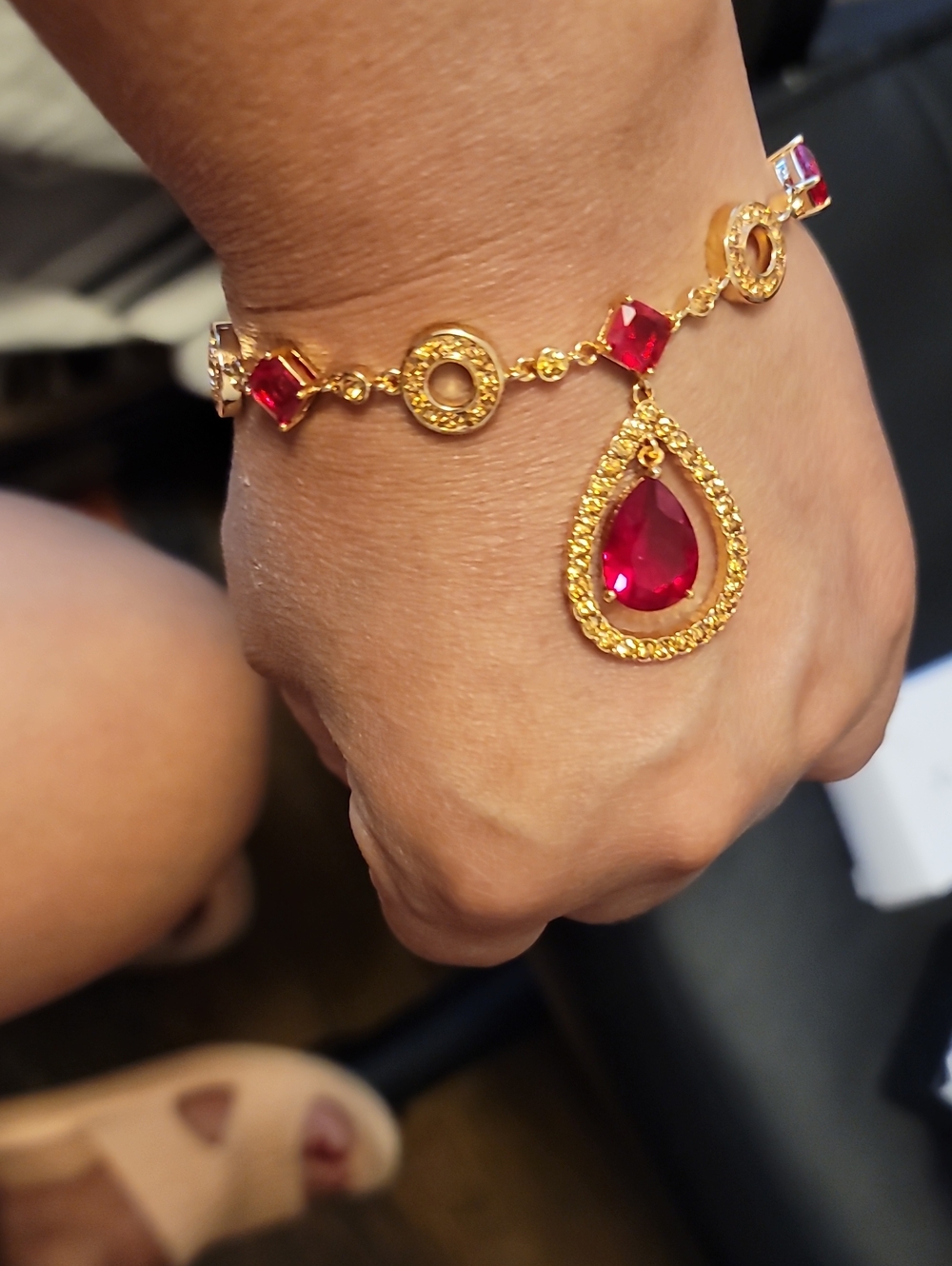 Avon Gold-Tone Bracelet with Red Teardrop Charm
